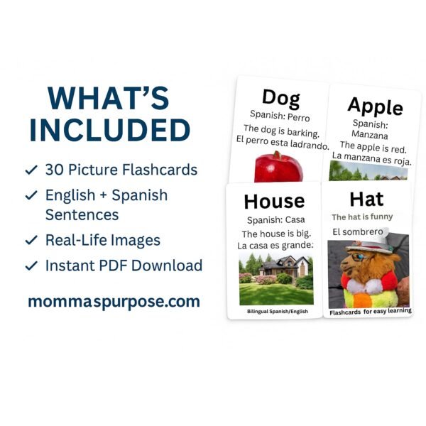 Spanish Picture Flashcards PDF | Bilingual English + Spanish Words | ESL Learning | Visual Aid for Kids | Printable Vocabulary Cards - Image 2