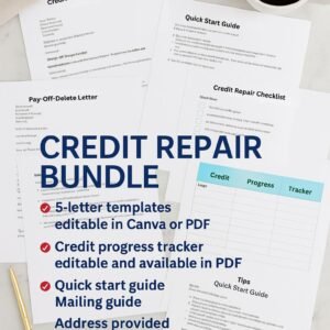 Credit Repair Letter Templates Bundle – Editable Canva & PDF | Dispute Letters, Tracker, Quick Start & Mailing Guide